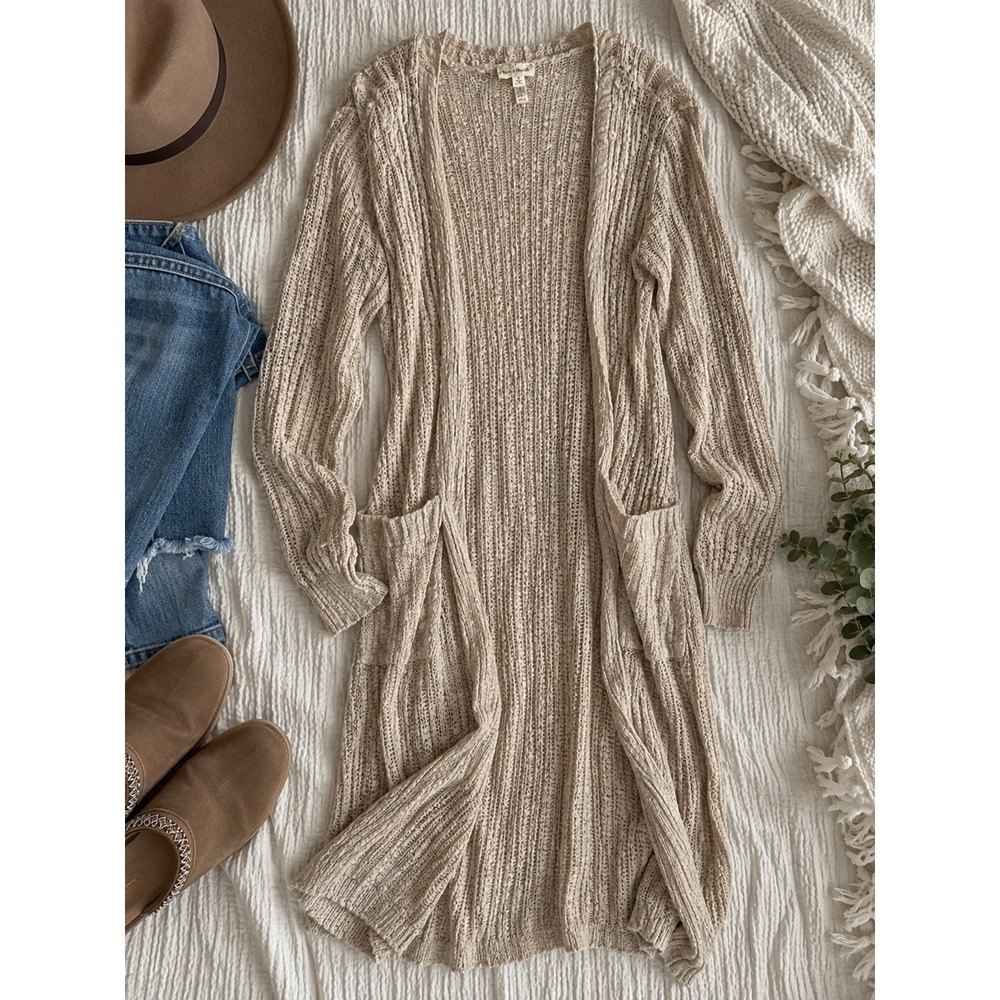 Hem & Thread Cream Popcorn Knit Longline Duster Cardigan Sweater Small 7704